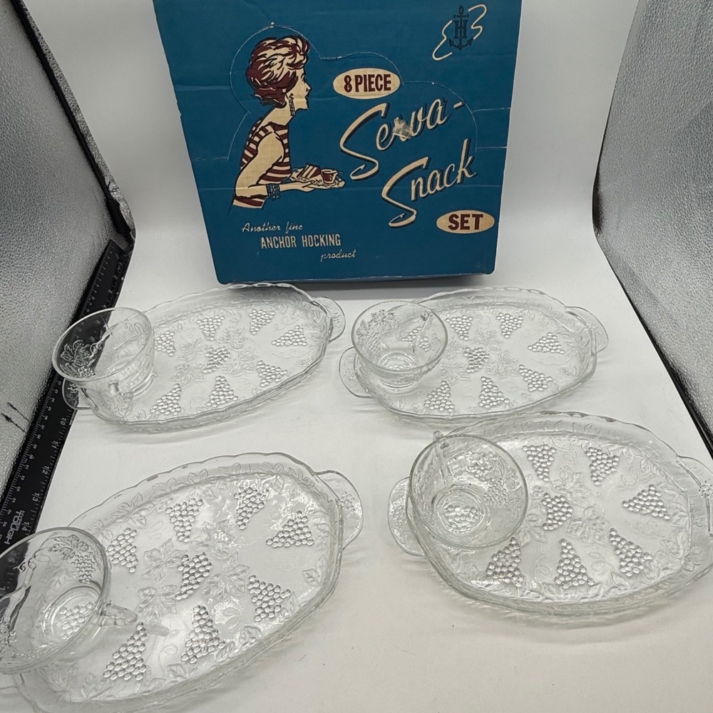 Vintage Anchor Hocking Serva-Snack Set 8 Piece Glass Grape Pattern Mid century
